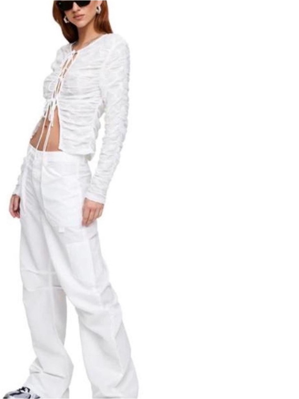 Lioness White Ruched Tie-Front Long Sleeve Crop Top - Picture 2 of 5